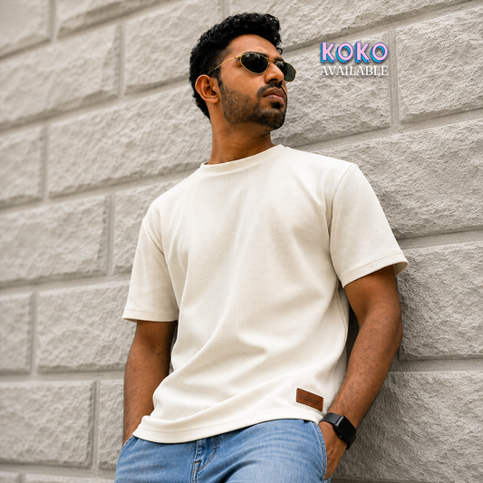 White Waffle-Knit Crewneck T-shirt